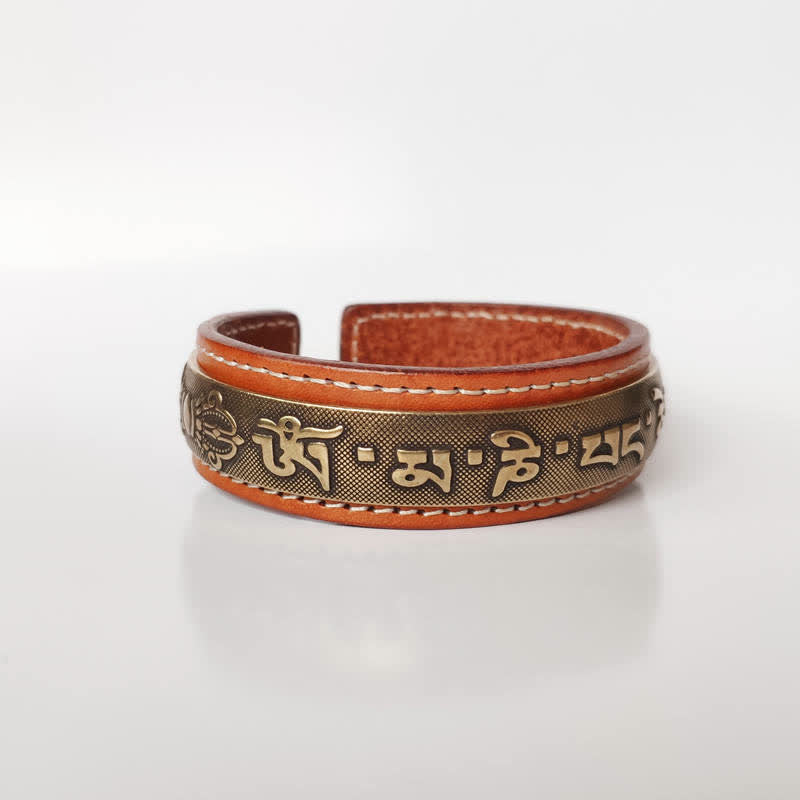 Wear FengShui 2Pcs Om Mani Padme Hum Dragon Phoenix Copper Leather Peace Cuff Bracelet Bangle