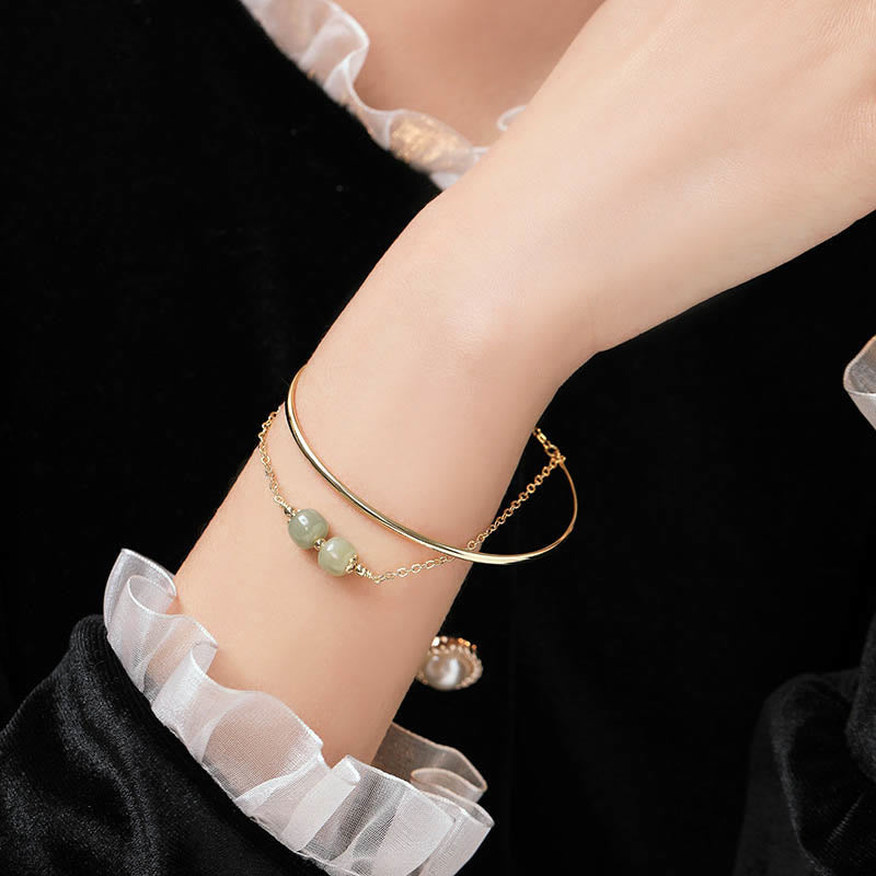 Wear FengShui Copper Plated Gold Hetian Jade Bead Luck Double Layer Bracelet Bangle