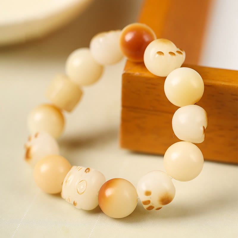 Wear FengShui Natural Bodhi Seed Sandalwood Lucky Cute Cat Head Paw Claw Peace Bracelet