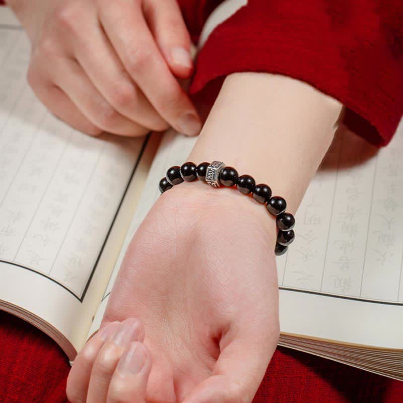 Wear FengShui Chinese Zodiac Natal Buddha 925 Sterling Silver Black Obsidian Moonstone Strength Bracelet