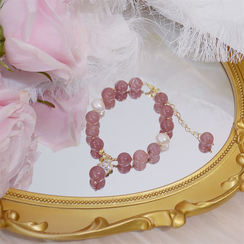 Wear FengShui Natural Strawberry Quartz Pearl Four Leaf Clover Love Bracelet