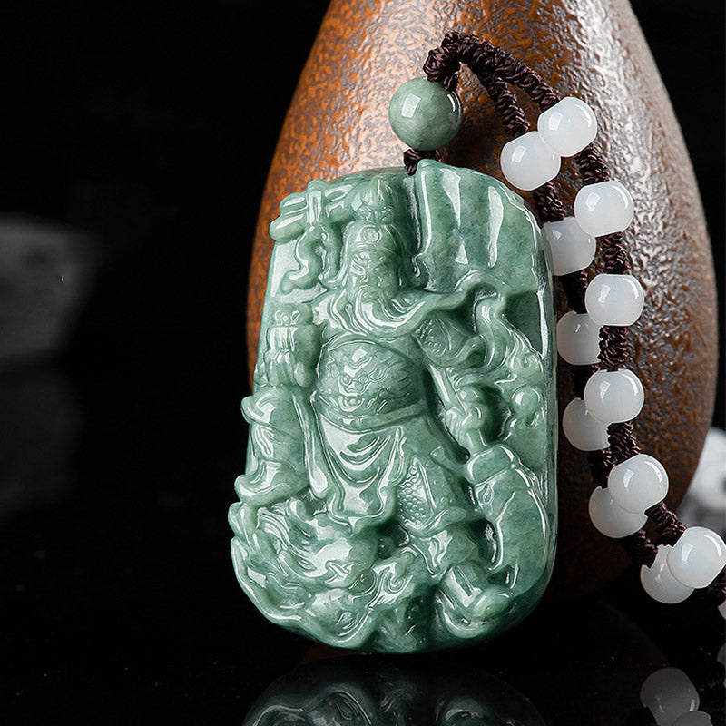 Wear FengShui Natural Jade Guan Gong Amulet Wealth Necklace Pendant