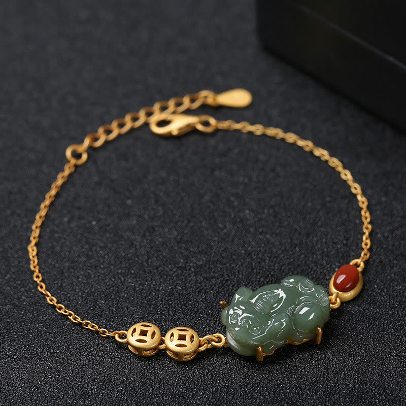Wear FengShui Cyan Jade PiXiu Copper Coin Red Agate Success Chain Bracelet
