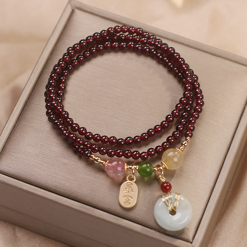 Wear FengShui Natural Garnet Strawberry Quartz Crystal Fox Koi Fish Peace Buckle Fortune Protection Triple Wrap Bracelet