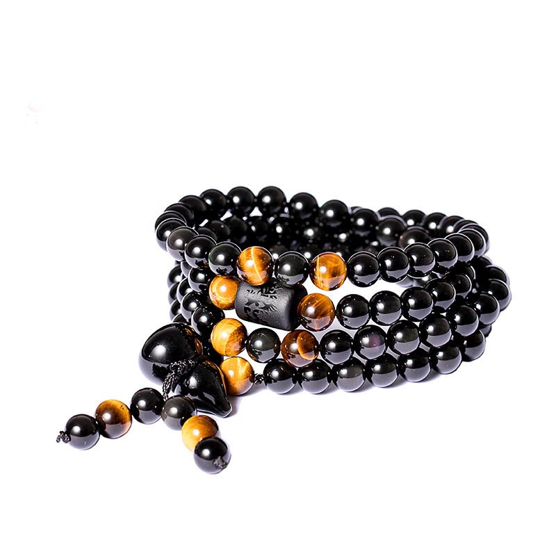 Wear FengShui Natural Black Obsidian Rainbow Obsidian Gourd Blessing Bracelet Mala