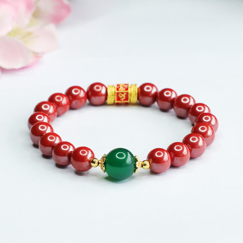 Wear FengShui Natural Cinnabar Green Agate Om Mani Padme Hum Pattern Blessing Bracelet