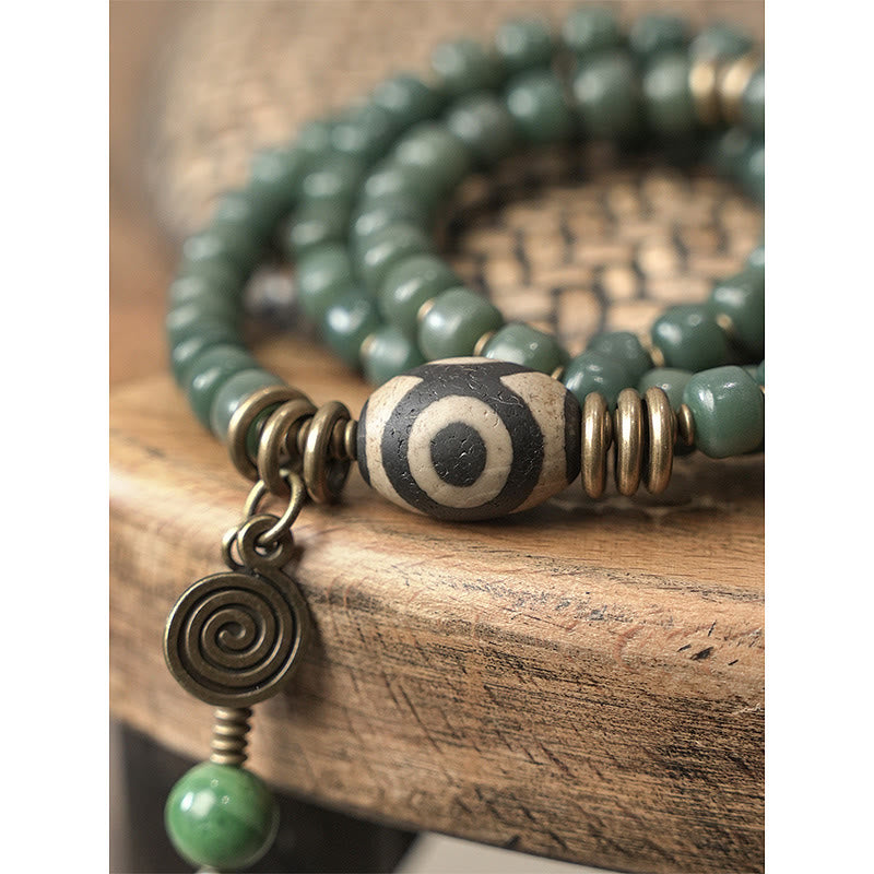 Wear FengShui Cyan Bodhi Seed Dzi Bead Wisdom Peace Triple Wrap Bracelet