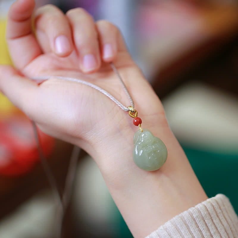 Wear FengShui Laughing Buddha Hetian Jade Wealth Prosperity String Necklace Pendant