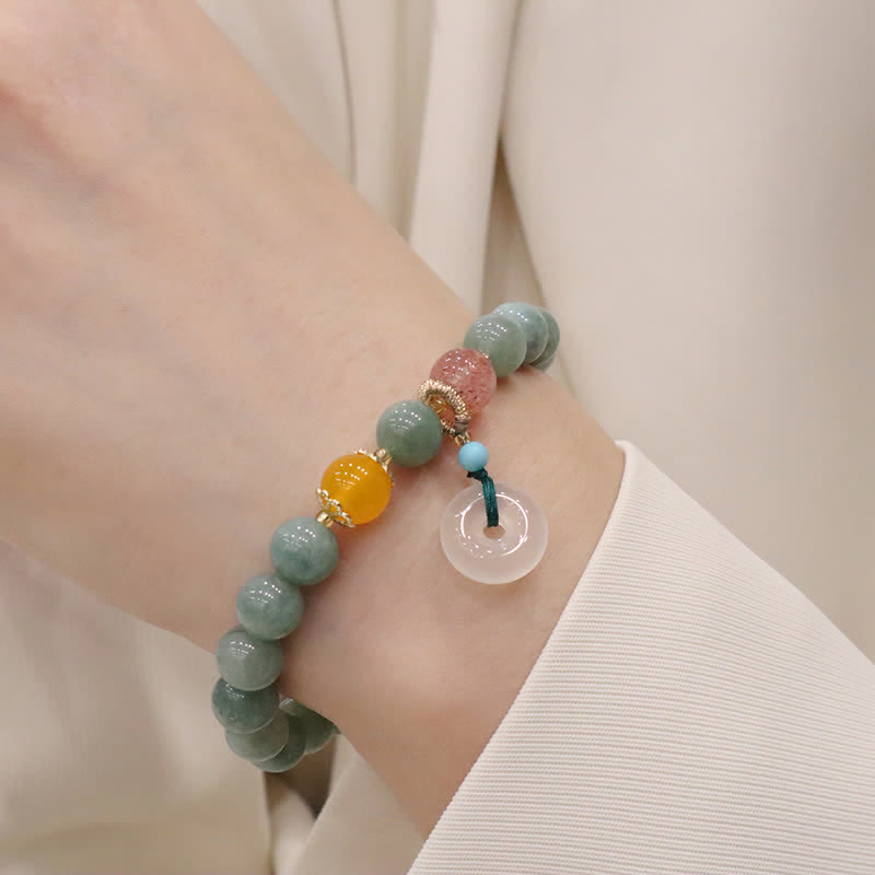 Wear FengShui Cyan Jade Lotus Pumpkin Wish Peace Buckle Amethyst Crystal Healing Bracelet