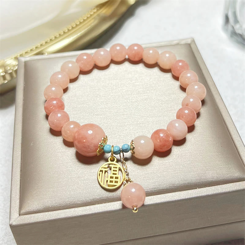 Wear FengShui Natural Orange Stone Turquoise Fu Character Charm Luck Fortune Bracelet