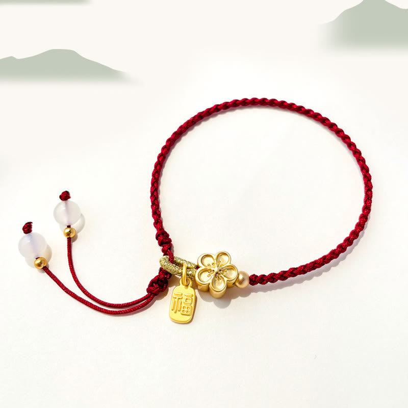 Wear FengShui Handmade Peach Blossom Rosette Bow Knot Fu Character Charm Luck Fortune Red Rope Bracelet
