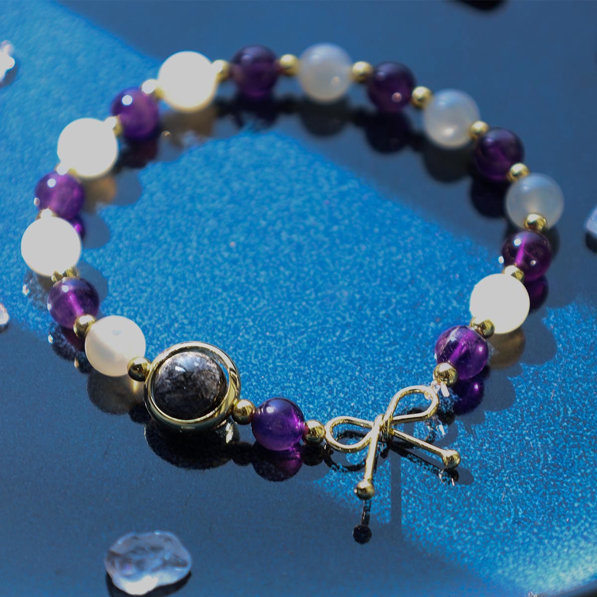 Wear FengShui Amethyst Cat Eye Black Rutilated Quartz Spiritual Bead Bracelet
