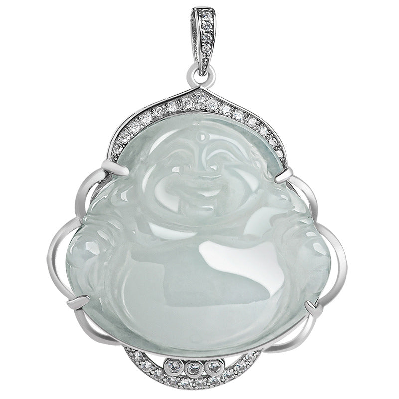 Wear FengShui Laughing Buddha Natural Jade Abundance Titanium Steel Chain Necklace Pendant