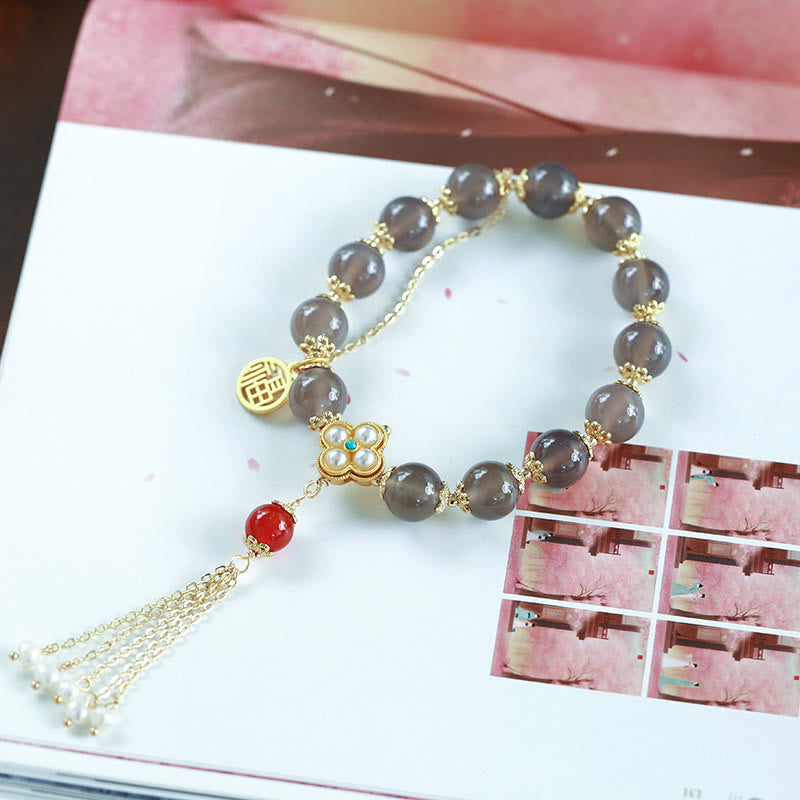 Wear FengShui Natural Gray Agate Fu Character Pearl Tassel Balance Bracelet
