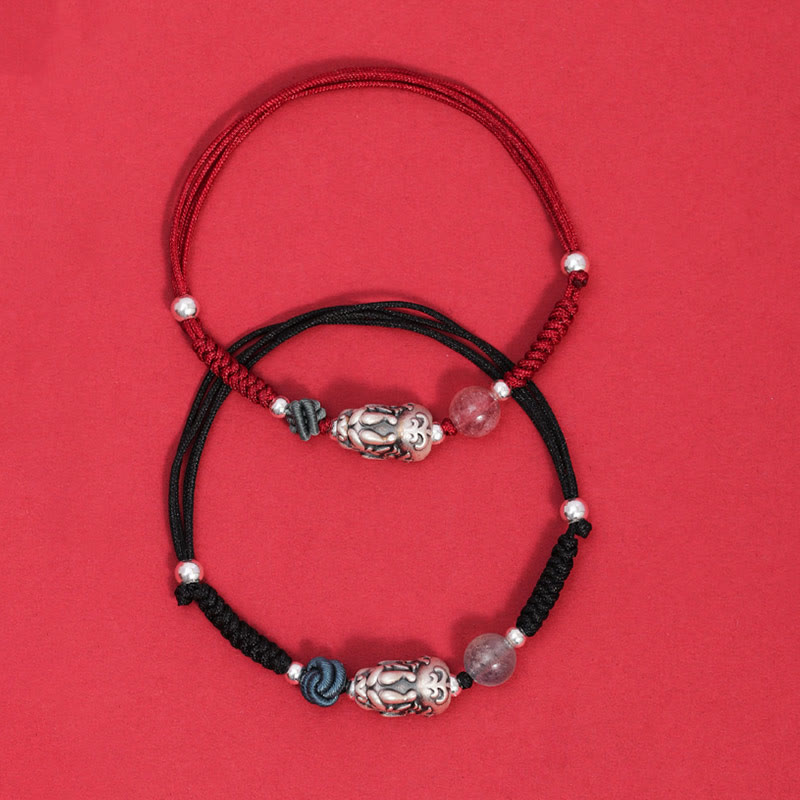 Wear FengShui 999 Sterling Silver PiXiu Strawberry Quartz Bead Wealth Luck Braided Bracelet