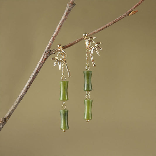 Wear FengShui 925 Sterling Silver Posts Copper Plated Gold Natural Peridot Bamboo Leaf Drop Earrings
