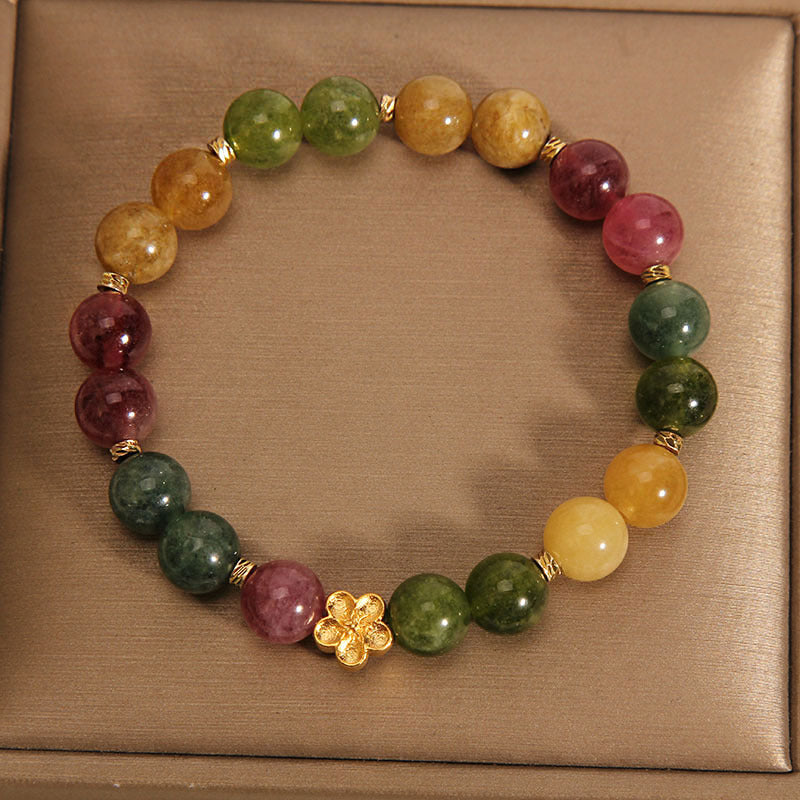 Wear FengShui Natural Colorful Tourmaline Golden Flower Positive Bracelet