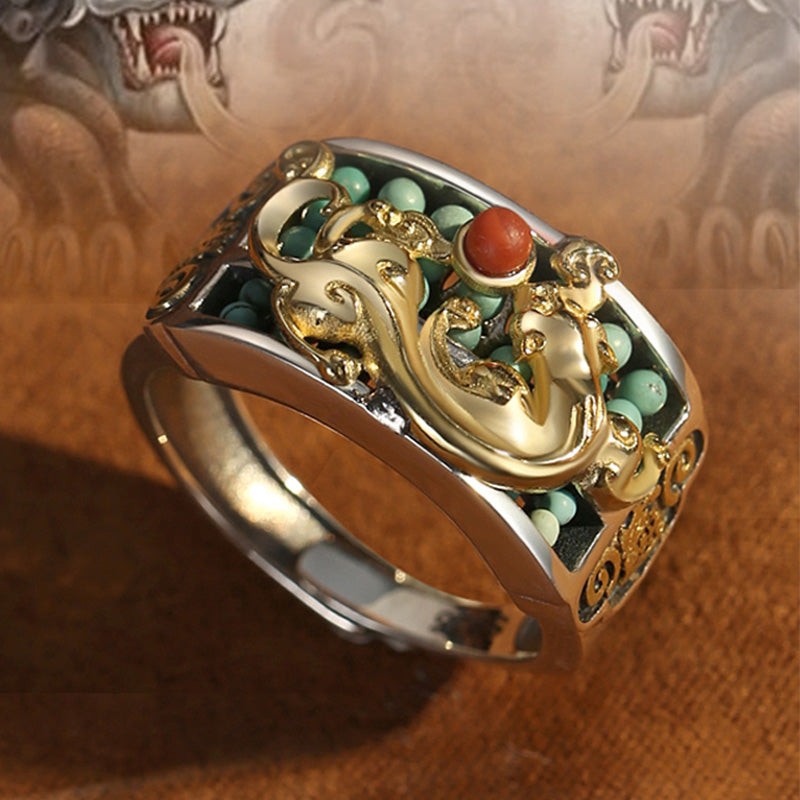 Wear FengShui 925 Sterling Silver Turquoise Red Agate PiXiu Abacus Protection Ring