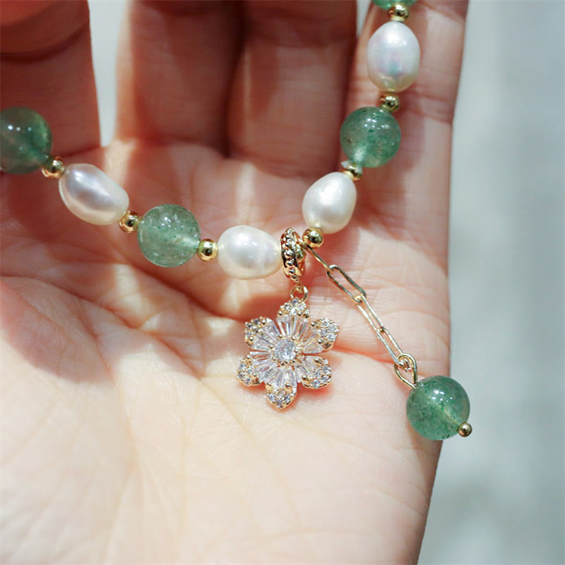 Wear FengShui Natural Green Strawberry Quartz Pearl Flower Charm Love Bracelet