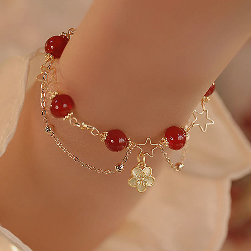 Wear FengShui 14k Gold Plated Red Agate Star Flower Charm Calm Bracelet