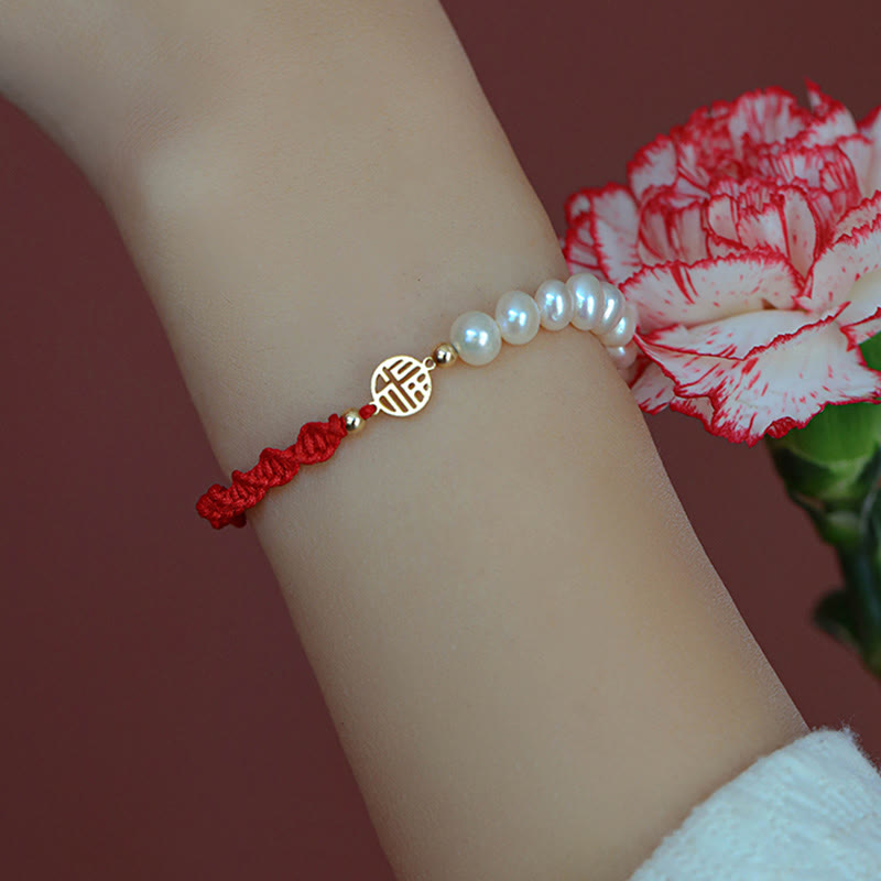 Wear FengShui 14K Gold Plated Pearl Bead Luck Protection Braid Red String Bracelet