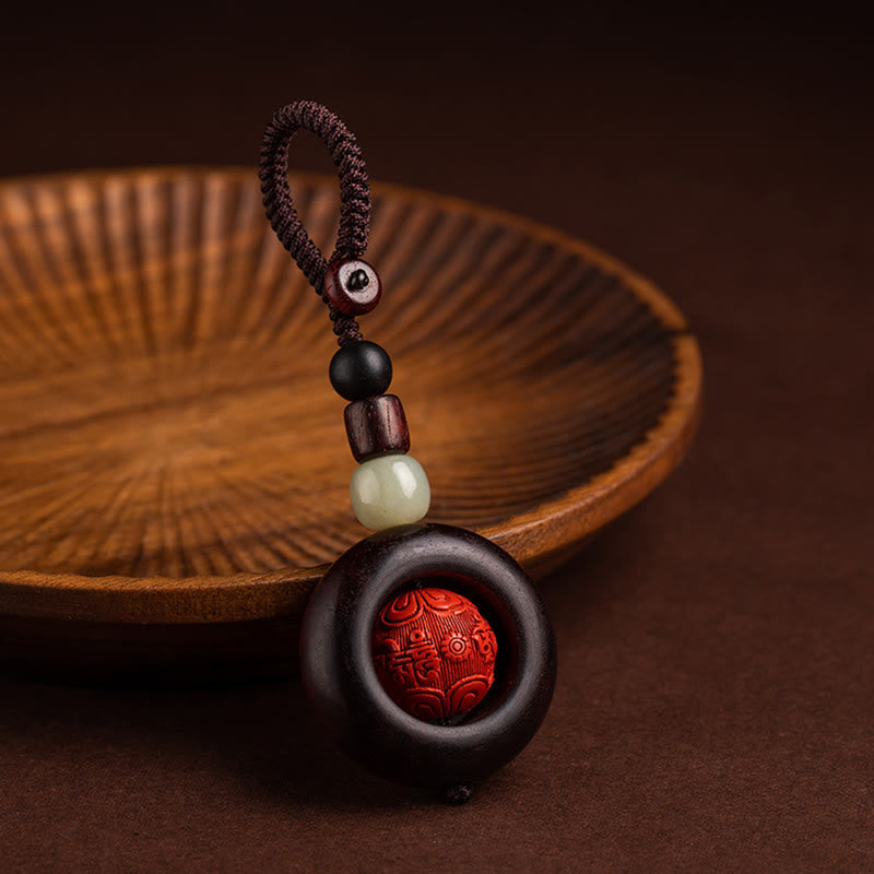 Wear FengShui Tibet Om Mani Padme Hum PiXiu Copper Coin Small Leaf Red Sandalwood Cinnabar Protection Key Chain