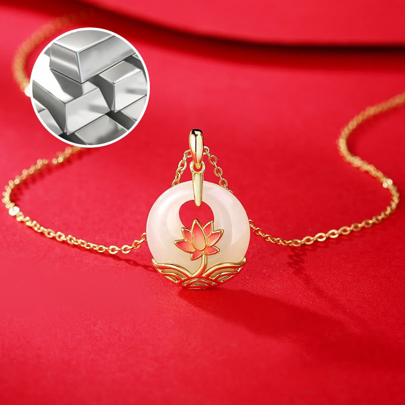 Wear FengShui 925 Sterling Silver Hetian White Jade Lotus Flower Blessing Necklace Pendant