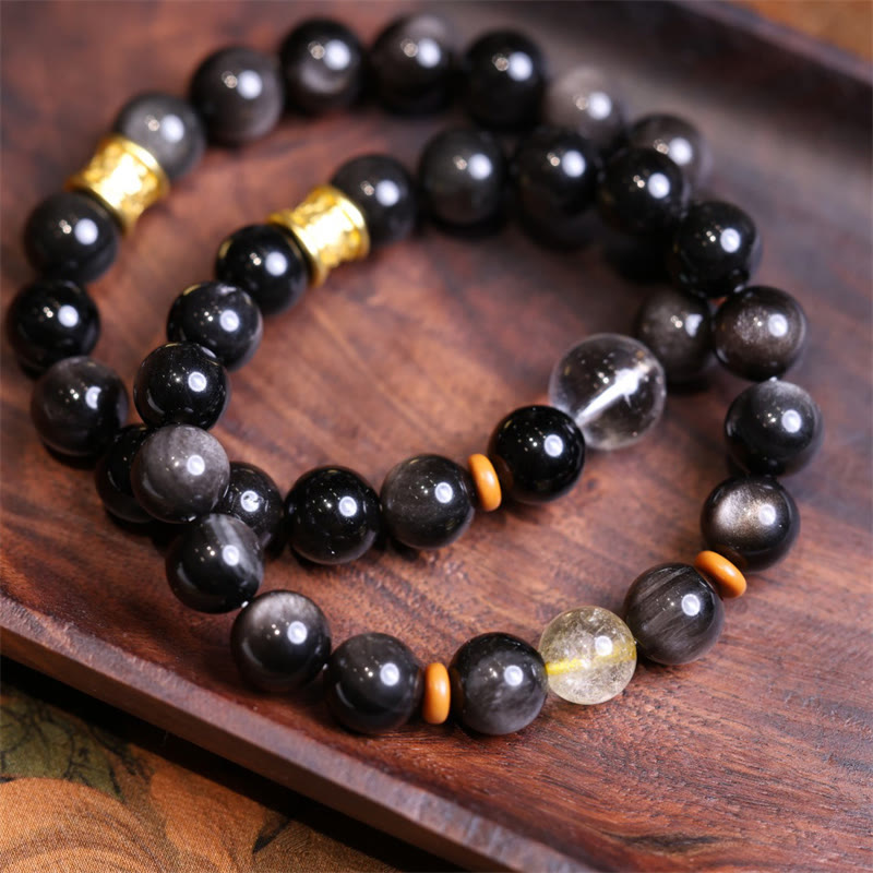 Wear FengShui Natural Silver Sheen Obsidian Crystal Om Mani Padme Hum Bead Protection Bracelet