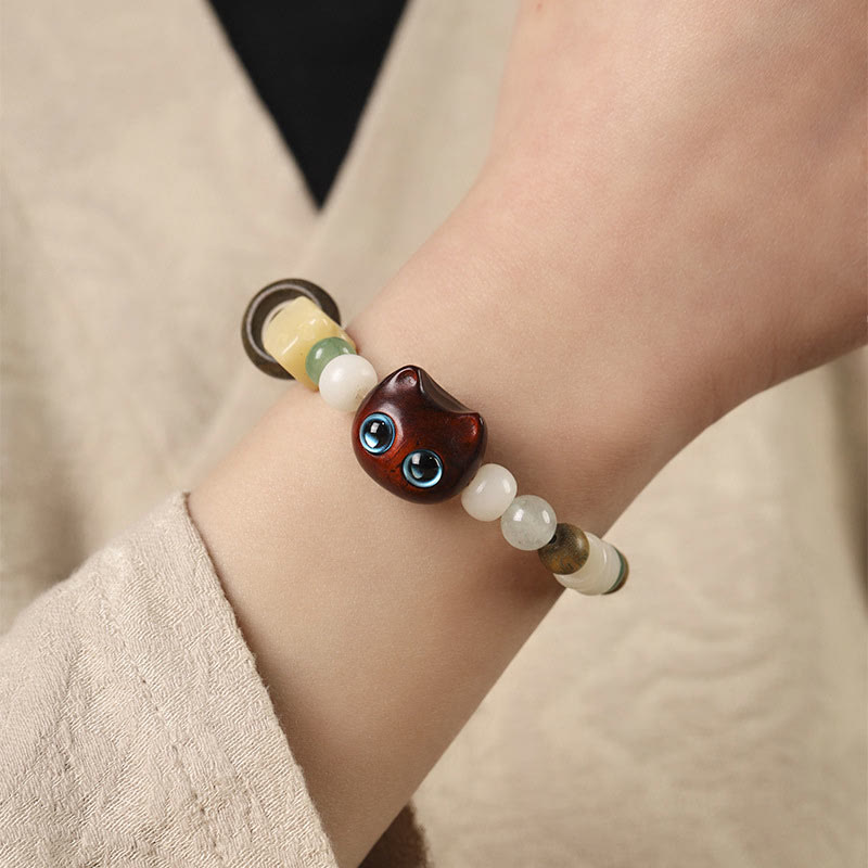 Wear FengShui Bodhi Seed Green Sandalwood Ebony Wood Small Leaf Red Sandalwood Cat Head Paw Claw Peace Bracelet