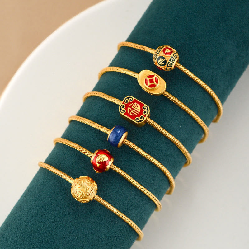 Wear FengShui Tibetan 18K Gold Om Mani Padme Hum Lucky Koi Fish Fu Character Ingot Copper Coin Peace Bracelet