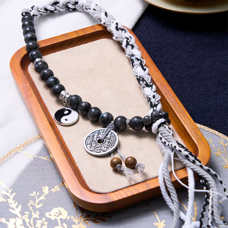 Wear FengShui Black Glitter Stone Cat's Eye Yin Yang Mountain Ghosts Spend Money Power Double Layer Rope Bracelet
