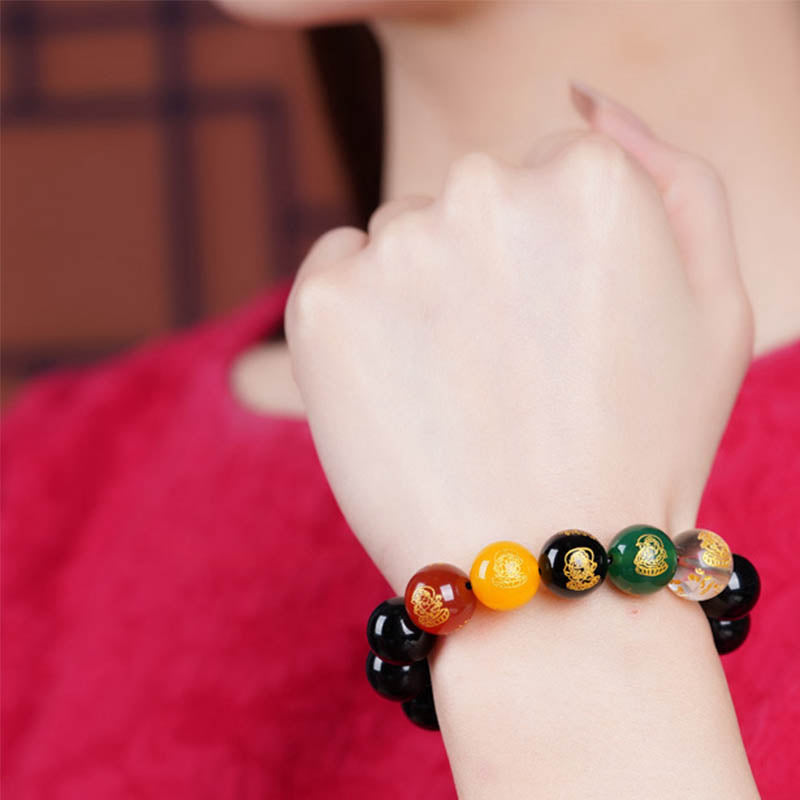 Wear FengShui Gold Sheen Obsidian Rainbow Obsidian Black Obsidian Five Directions Gods of Wealth Bracelet