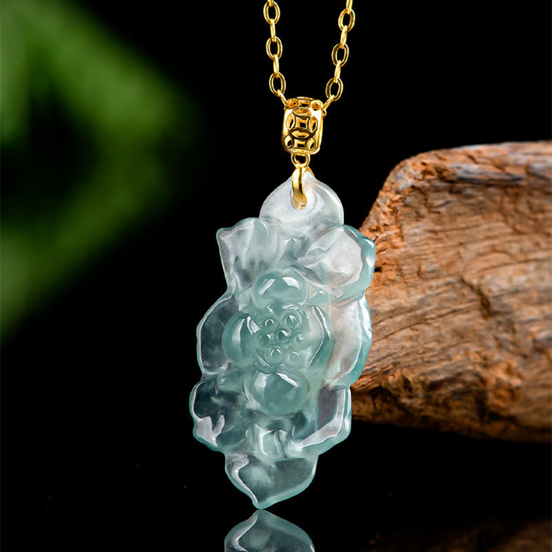 Wear FengShui Natural Jade Lotus Pattern Prosperity Titanium Steel Chain Necklace Pendant