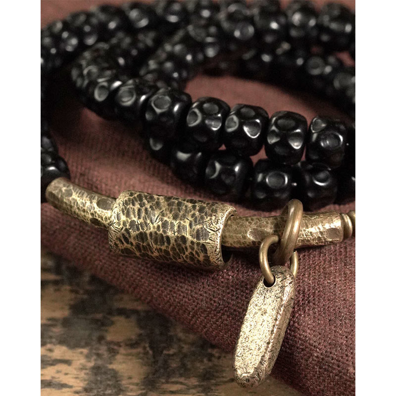 Wear FengShui Retro Coconut Shell Brass Copper Happiness Triple Wrap Bracelet