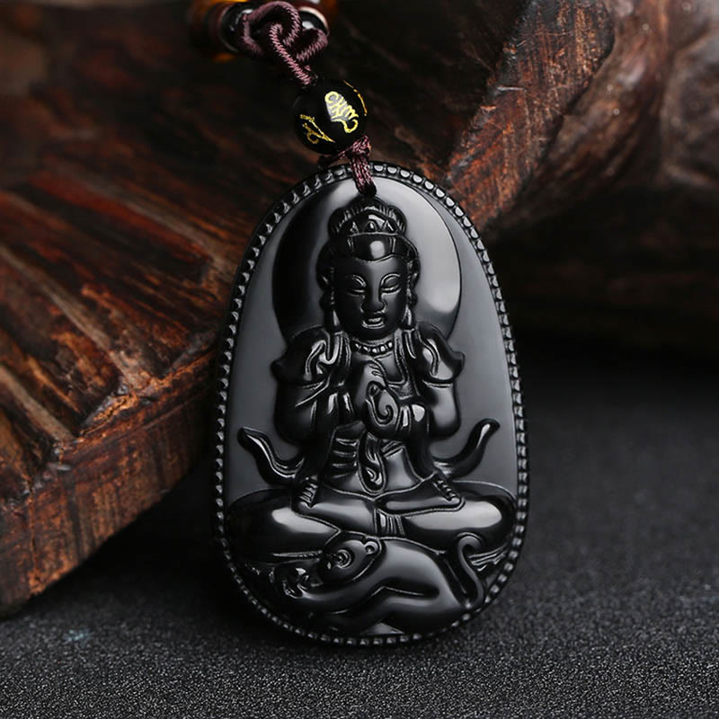 Wear FengShui Chinese Zodiac Natal Buddha Natural Black Obsidian Purification Necklace Pendant