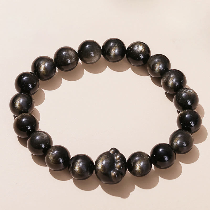 Wear FengShui Natural Gold Sheen Obsidian Silver Sheen Obsidian Cute Cat Paw Claw Wealth Bracelet