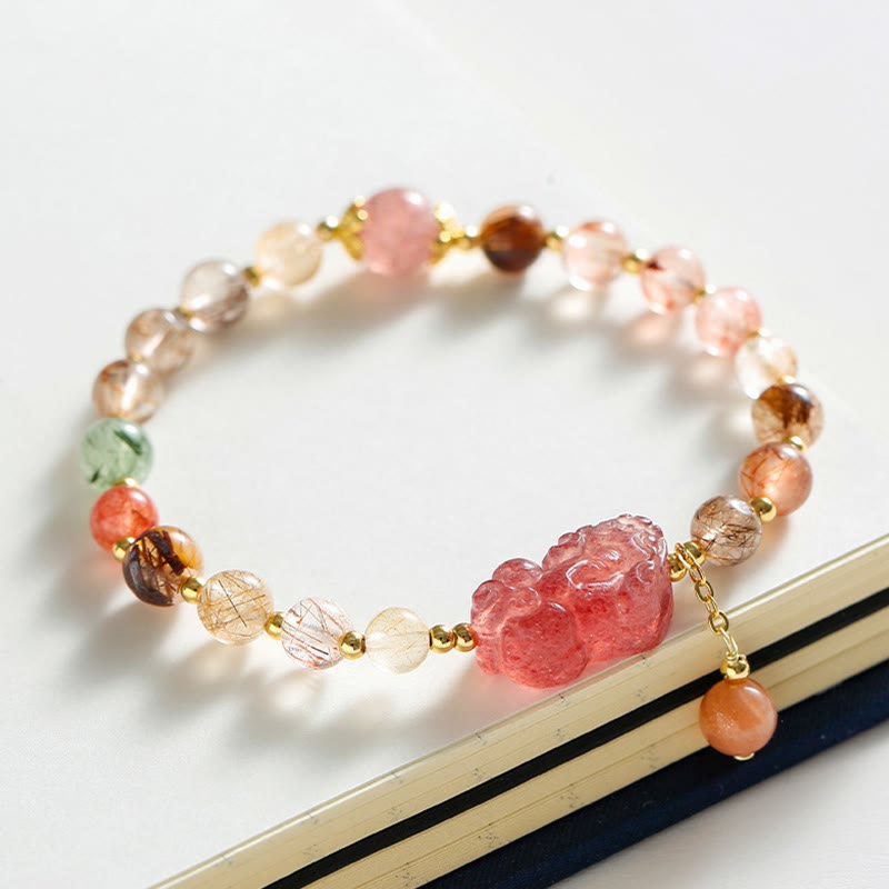 Wear FengShui Natural Rutilated Quartz Strawberry Quartz PiXiu Wealth Bracelet