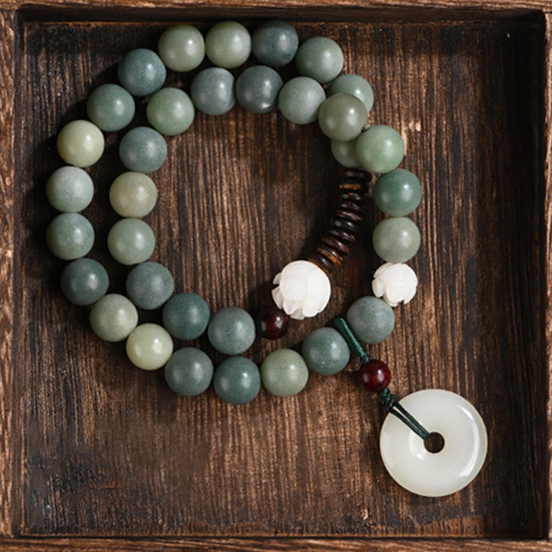 Wear FengShui Cyan Bodhi Seed Lotus Jade Peace Buckle Wisdom Double Wrap Bracelet