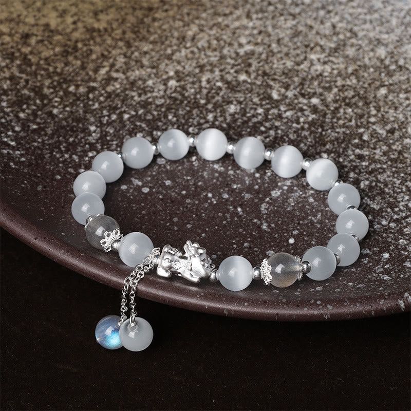 Wear FengShui Natural Cat's Eye Moonstone Strawberry Quartz PiXiu Support Bracelet