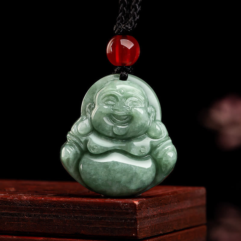 Wear FengShui Natural Green Jade Laughing Buddha Luck Abundance Necklace Pendant
