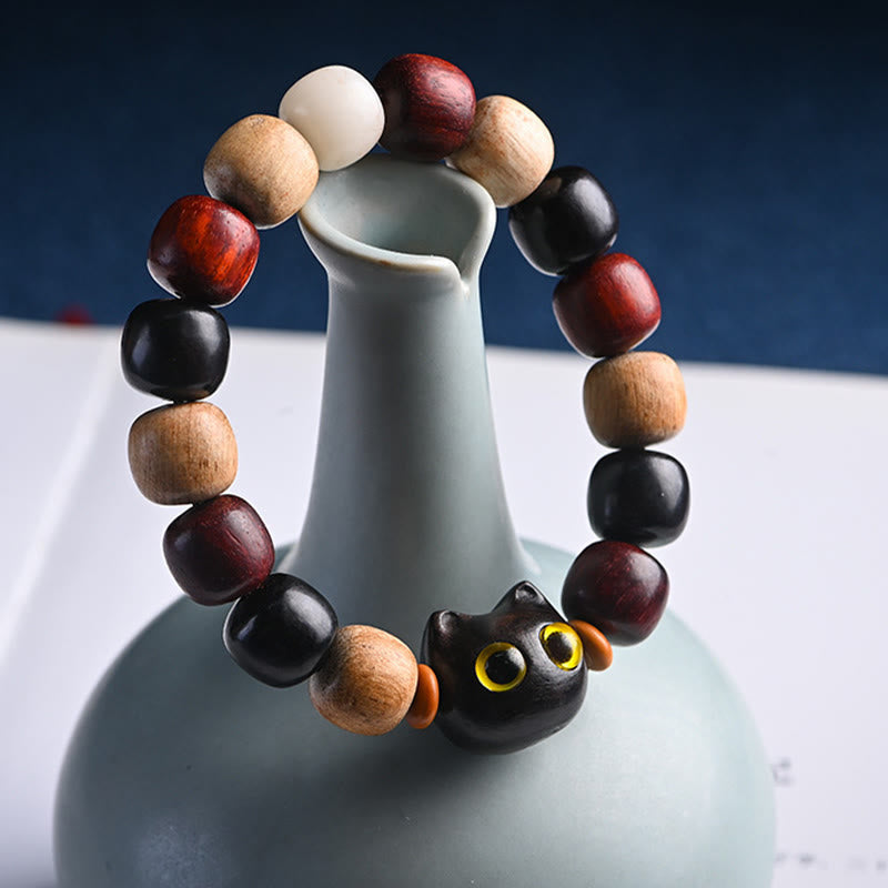 Wear FengShui Small Leaf Red Sandalwood Ebony Wood Cute Cat Engraved Protection Bracelet