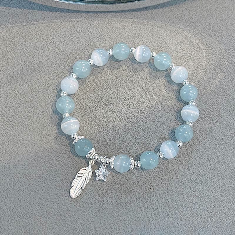 Wear FengShui 925 Sterling Silver Aquamarine Cat's Eye Healing Feather Star Charm Bracelet
