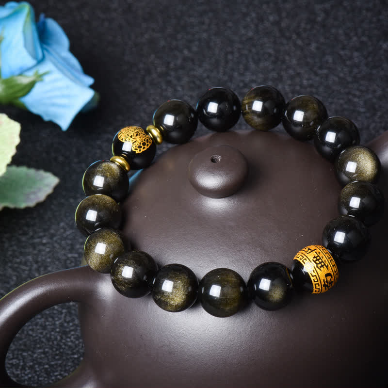 Wear FengShui Chinese Zodiac Natal Buddha Gold Sheen Obsidian Wealth Protection Bracelet