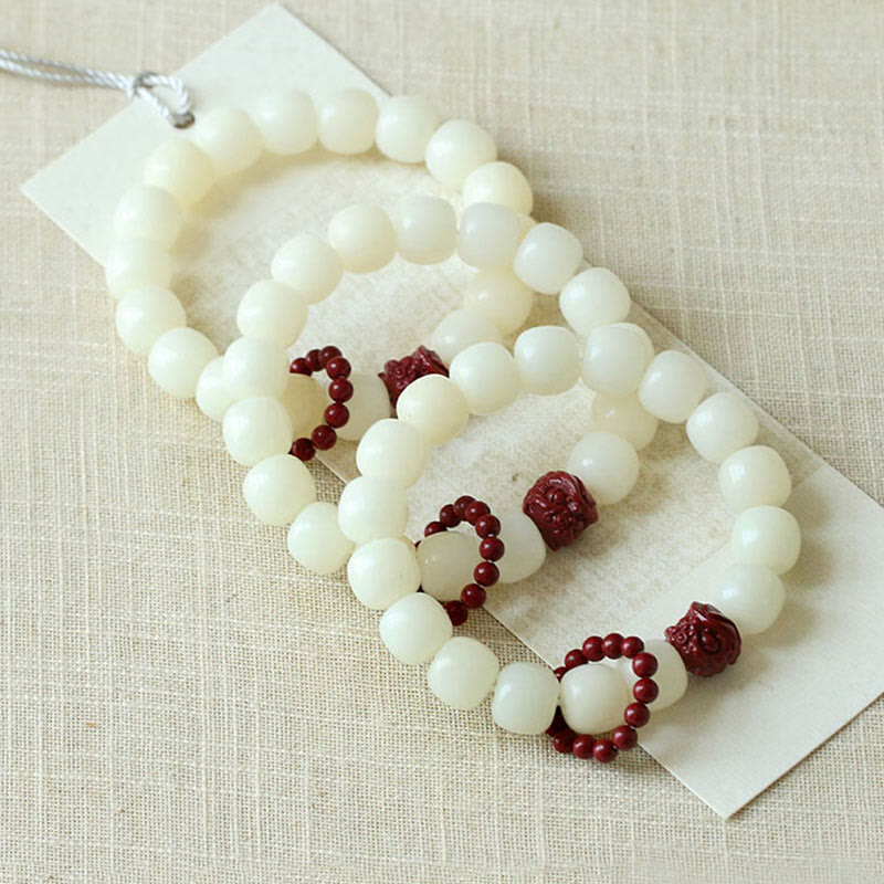 Wear FengShui Natural Bodhi Seed Cinnabar Dancing Lion Charm Wisdom Harmony Wrist Mala