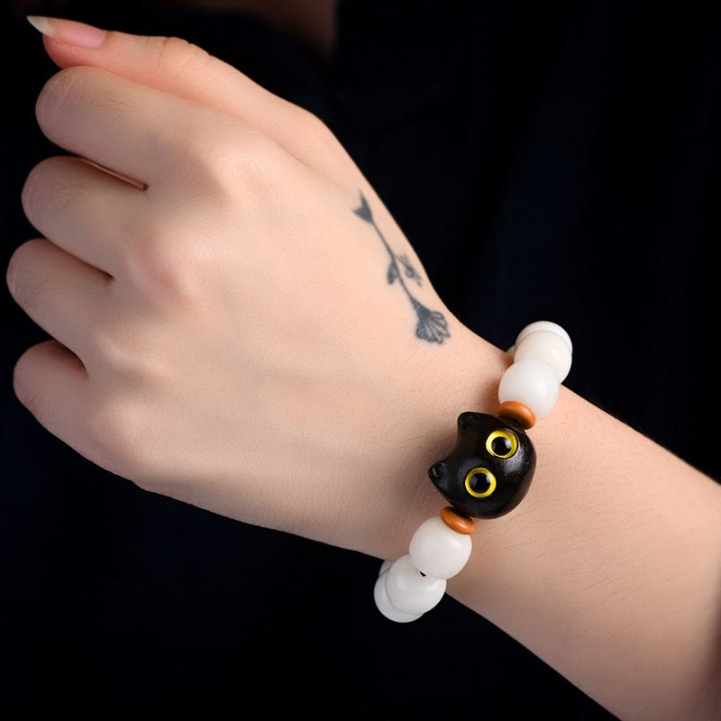 Wear FengShui Natural Bodhi Seed Small Leaf Red Sandalwood Ebony Wood Cute Lucky Cat Wisdom Bracelet