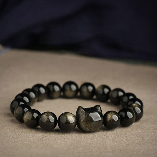 Wear FengShui Gold Sheen Obsidian Silver Sheen Obsidian Lovely Paw Lucky Cat Protection Bracelet