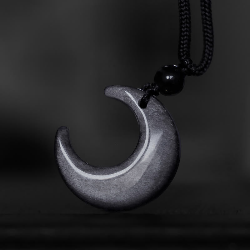 Wear FengShui Natural Silver Sheen Obsidian Selenite Crystal Crescent Moon Yin Yang Couple Protection Necklace Pendant