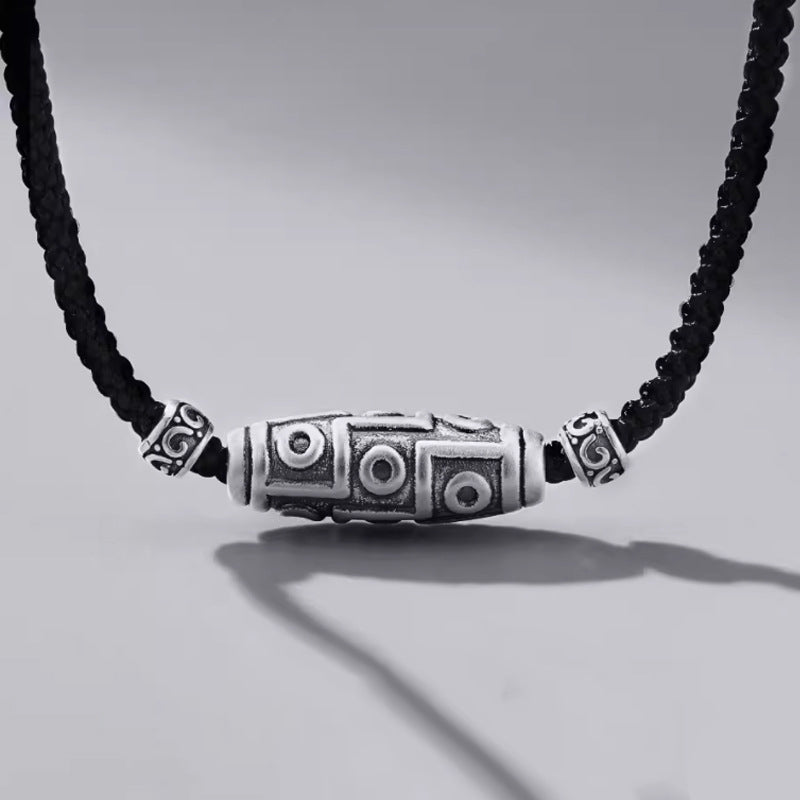 Wear FengShui 999 Sterling Silver Nine-Eye Dzi Bead Pattern Protection Rope Necklace Pendant