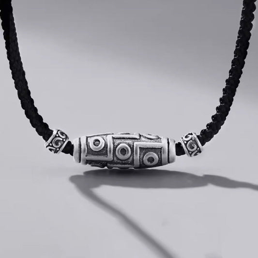 Wear FengShui 999 Sterling Silver Nine-Eye Dzi Bead Pattern Protection Rope Necklace Pendant