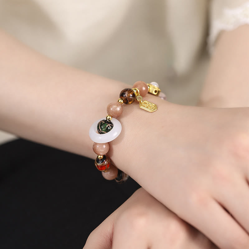 Wear FengShui Tibetan Incense Ash Liuli Glass Tridacna Stone Sun Stone Om Mani Padme Hum Prayer Wheel Charm Bracelet